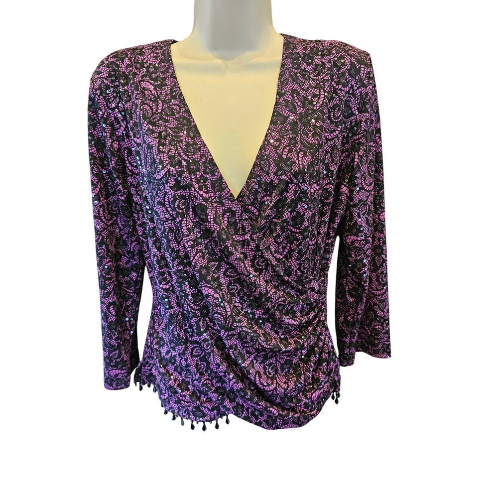 Vintage misook large made in USA purple clear sequins bead accent v neck glam